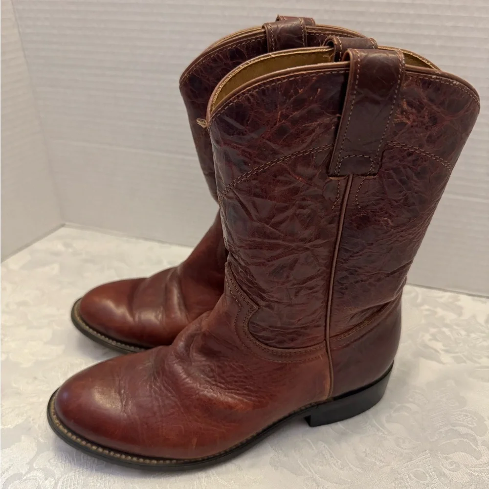 Justin Junior Kids‎ Size 2D Redwood Roper Leather Cowboy Boots Western Vintage